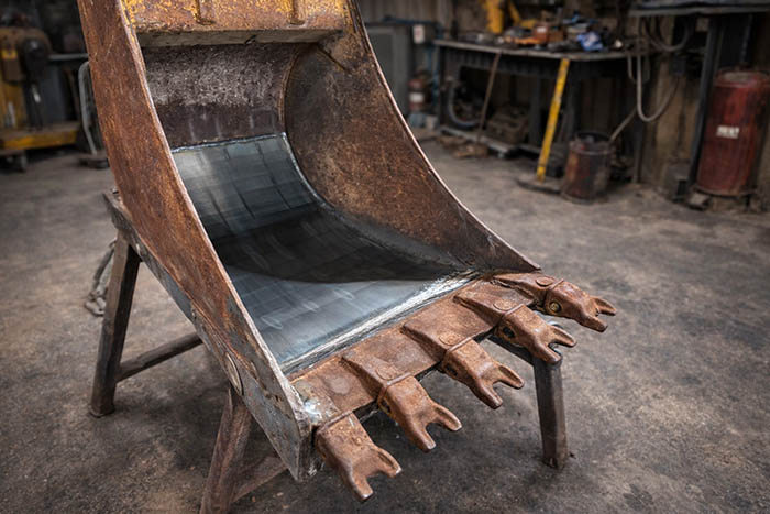 Repaired excavator bucket in workshop